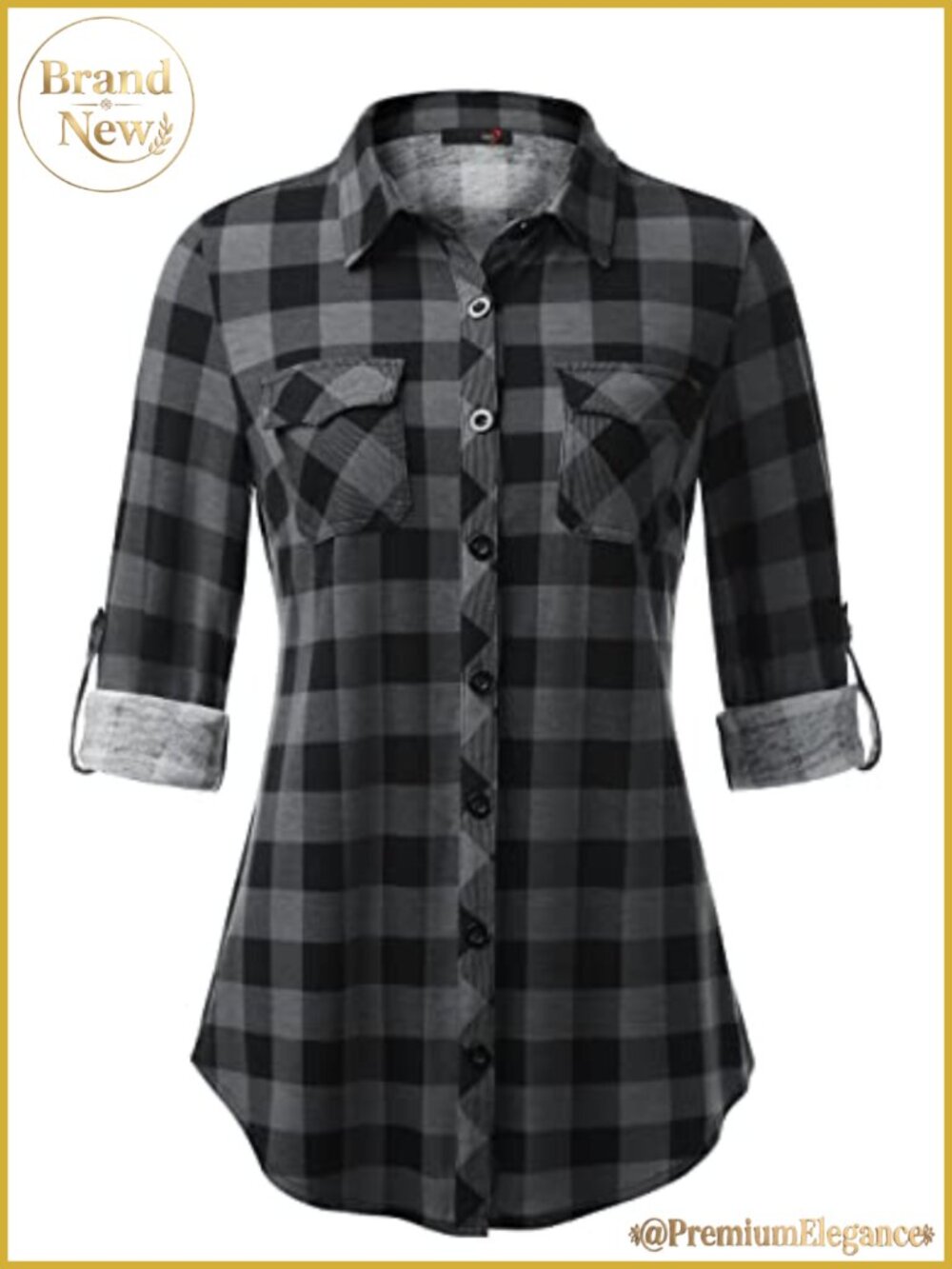 Soft Stretchy Knit Plaid Button Down Roll Up Long Sleeve Collared Blouse